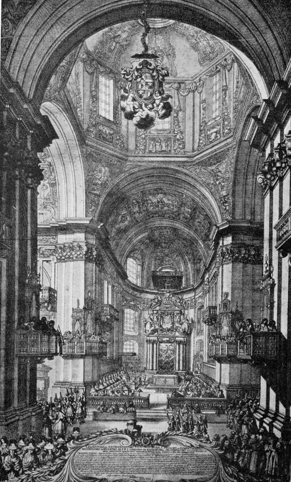 Ein Stich aus dem 17. Jahrhundert vom Innenraum des Salzburger Doms mit Sängern und Musikern auf den Emporen an der Vierung und einer Menschenmenge im Langhaus